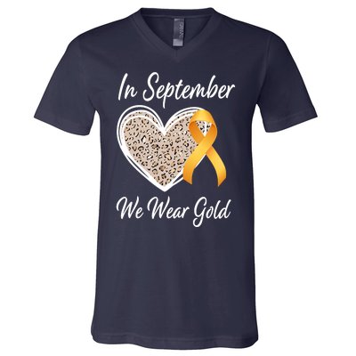 In September We Wear Gold Leopard Print Rainbow Childhood Cancer Awareness V-Neck T-Shirt