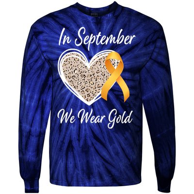 In September We Wear Gold Leopard Print Rainbow Childhood Cancer Awareness Tie-Dye Long Sleeve Shirt