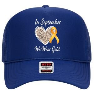 In September We Wear Gold Leopard Print Rainbow Childhood Cancer Awareness High Crown Mesh Back Trucker Hat