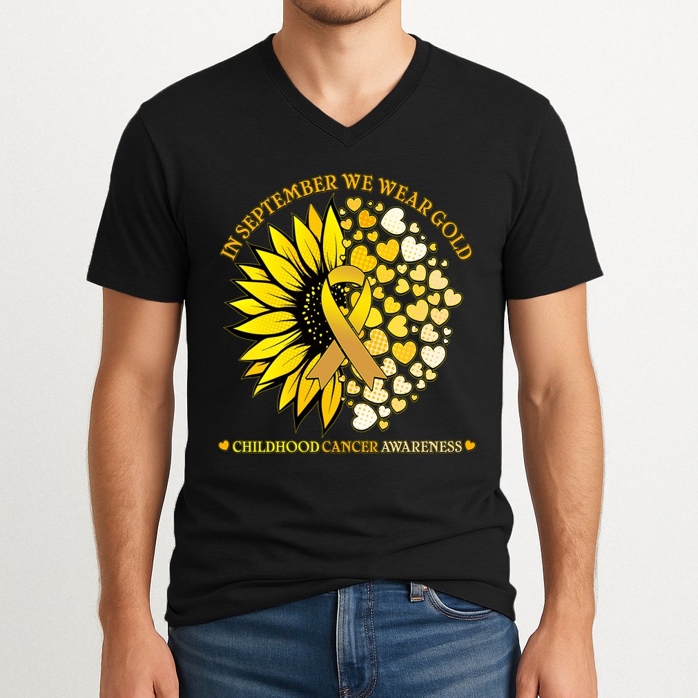 In September We Wear Gold Childhood Cancer Awareness Sunflower Ribbon V-Neck T-Shirt
