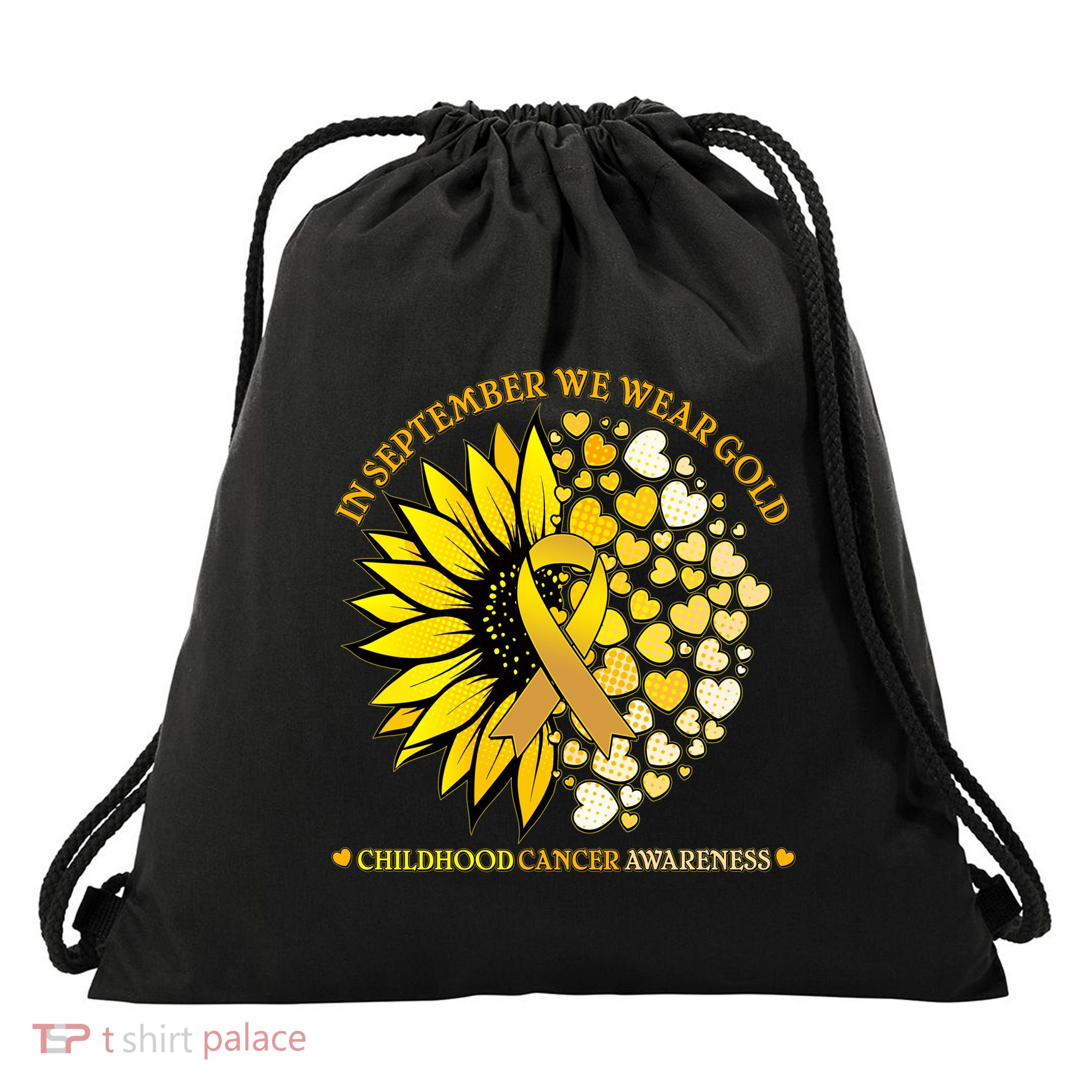 In September We Wear Gold Childhood Cancer Awareness Sunflower Ribbon Drawstring Bag