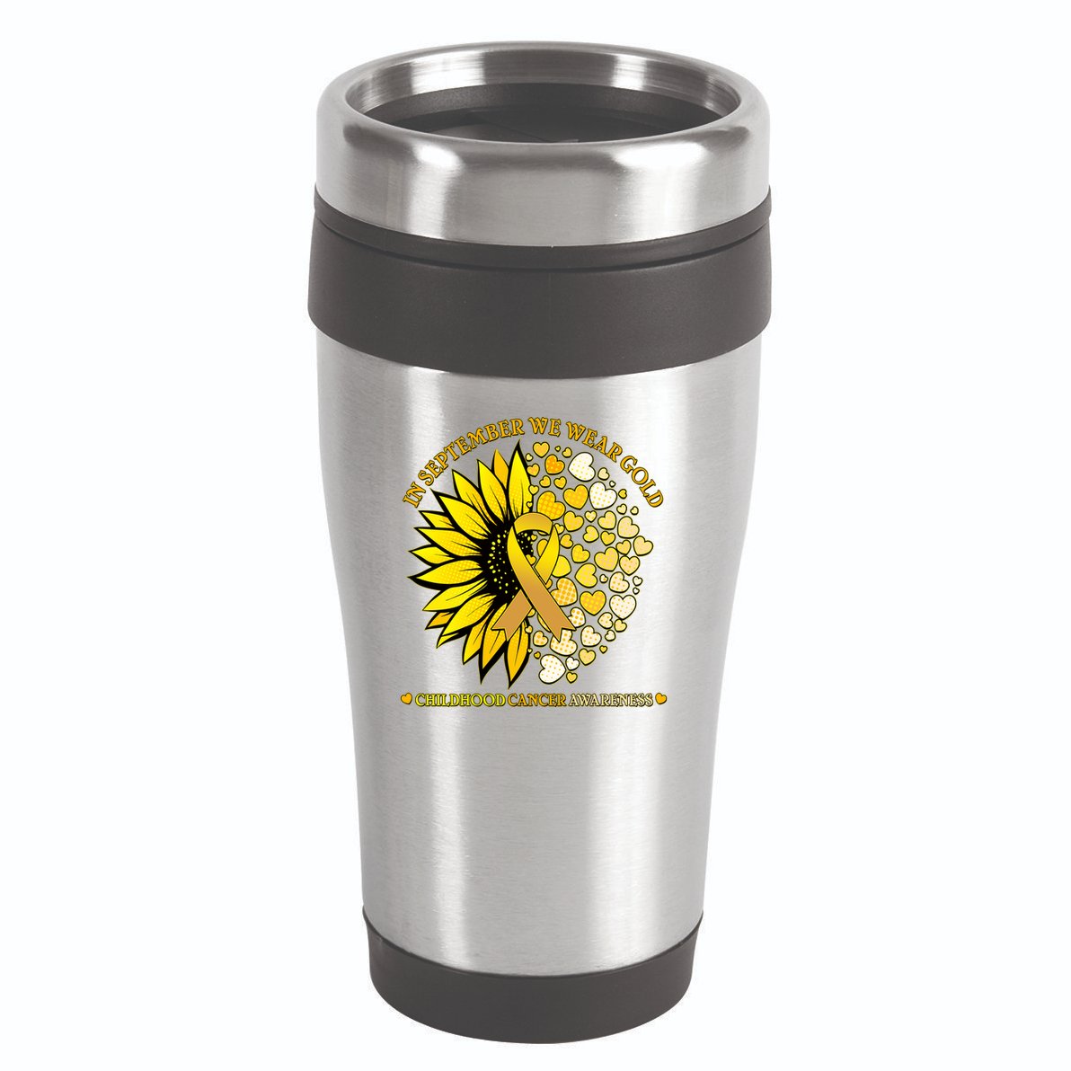 In September We Wear Gold Childhood Cancer Awareness Sunflower Ribbon 16oz Travel Tumbler