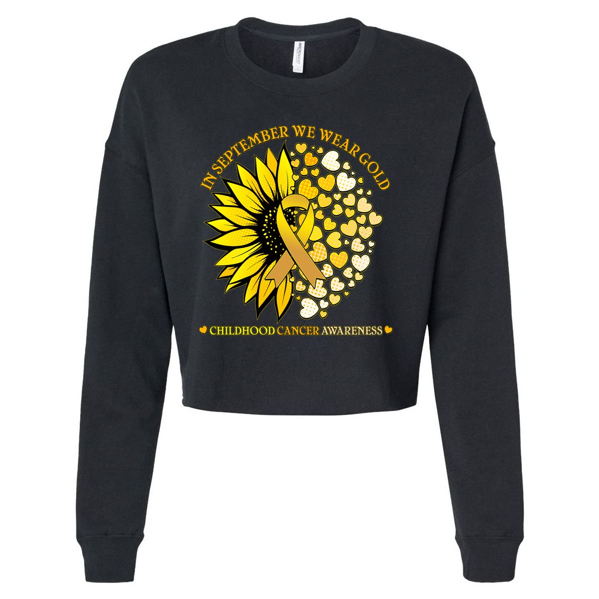 In September We Wear Gold Childhood Cancer Awareness Sunflower Ribbon Cropped Pullover Crew