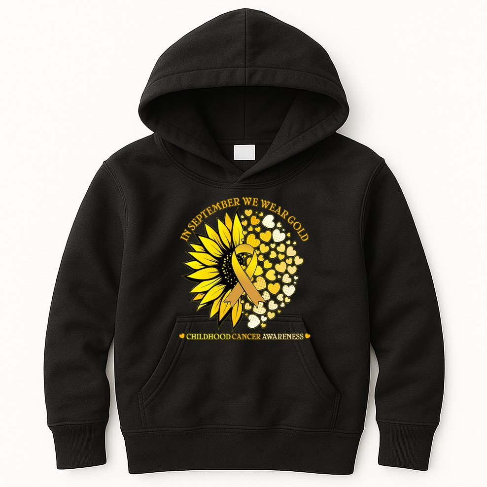 In September We Wear Gold Childhood Cancer Awareness Sunflower Ribbon Kids Hoodie