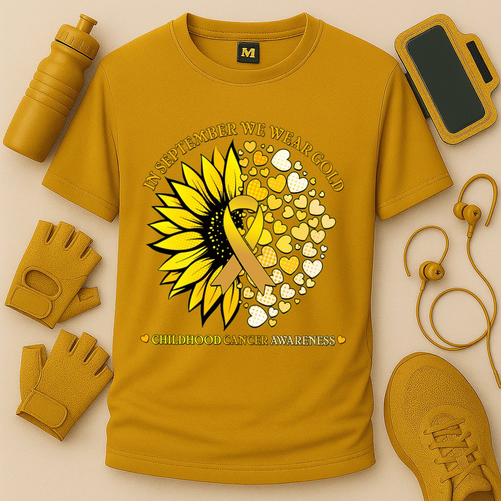 In September We Wear Gold Childhood Cancer Awareness Sunflower Ribbon Cooling Performance Crew T-Shirt