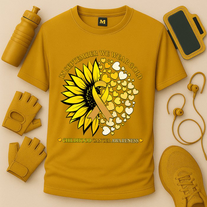 In September We Wear Gold Childhood Cancer Awareness Sunflower Ribbon Cooling Performance Crew T-Shirt