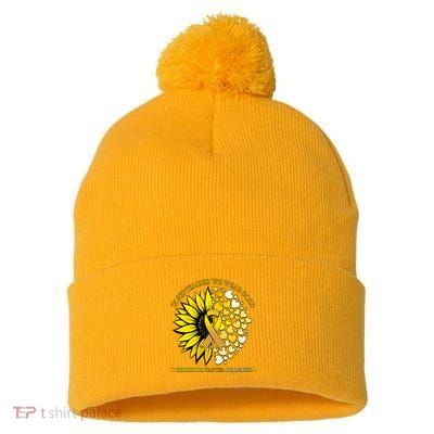 In September We Wear Gold Childhood Cancer Awareness Sunflower Ribbon Pom Pom 12in Knit Beanie