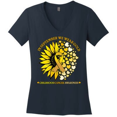 In September We Wear Gold Childhood Cancer Awareness Sunflower Ribbon Women's V-Neck T-Shirt