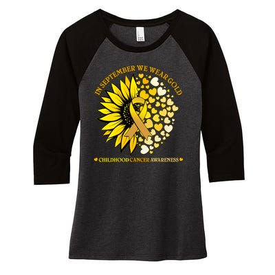 In September We Wear Gold Childhood Cancer Awareness Sunflower Ribbon Women's Tri-Blend 3/4-Sleeve Raglan Shirt