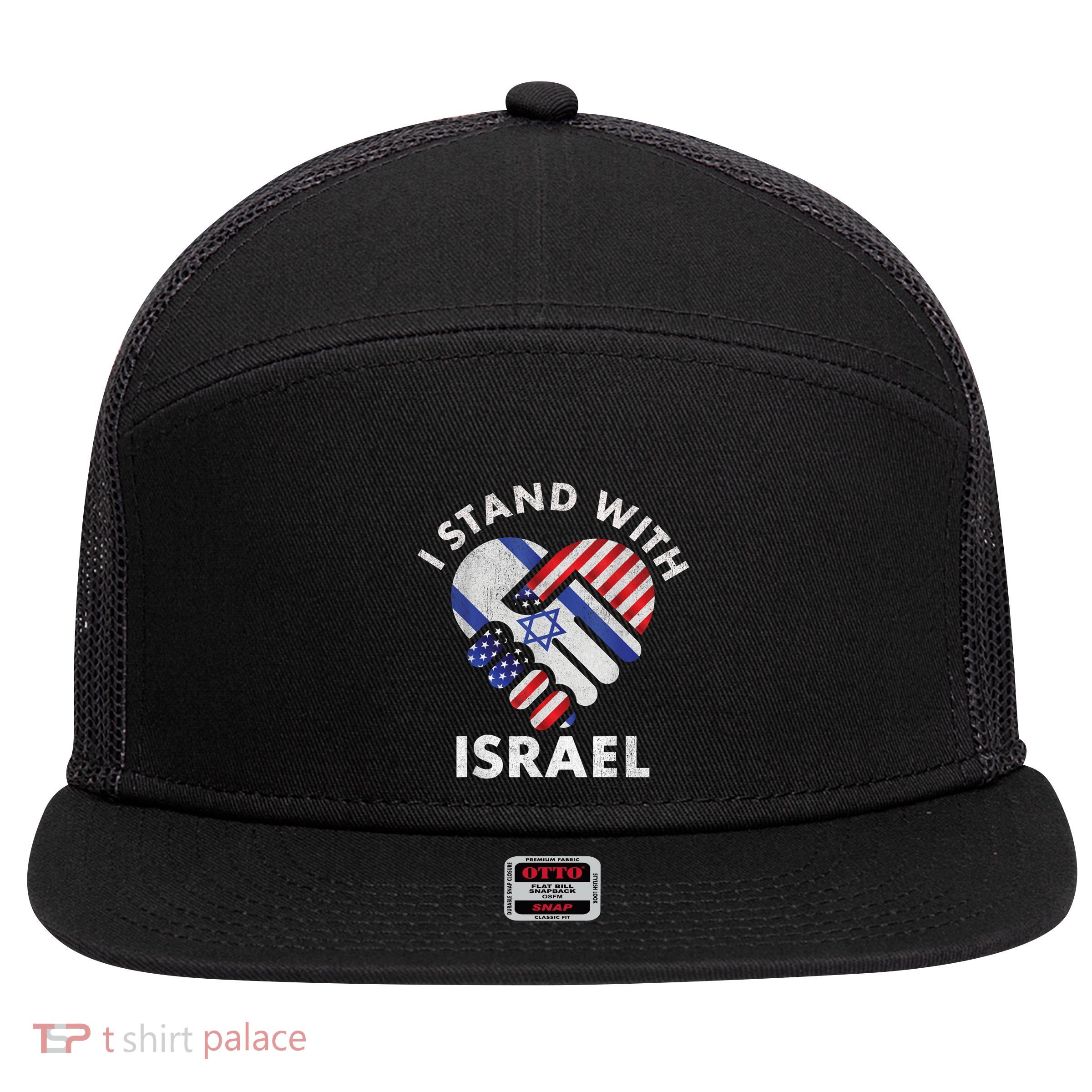 I Stand With Israel USA American Flag Israeli Flag 7 Panel Mesh Trucker Snapback Hat
