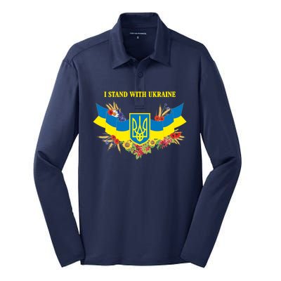 I Stand With Ukraine Floral Silk Touch Performance Long Sleeve Polo