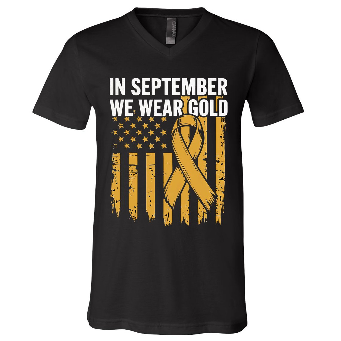 In September We Wear Gold Childhood Cancer Awareness Us Flag V-Neck T-Shirt