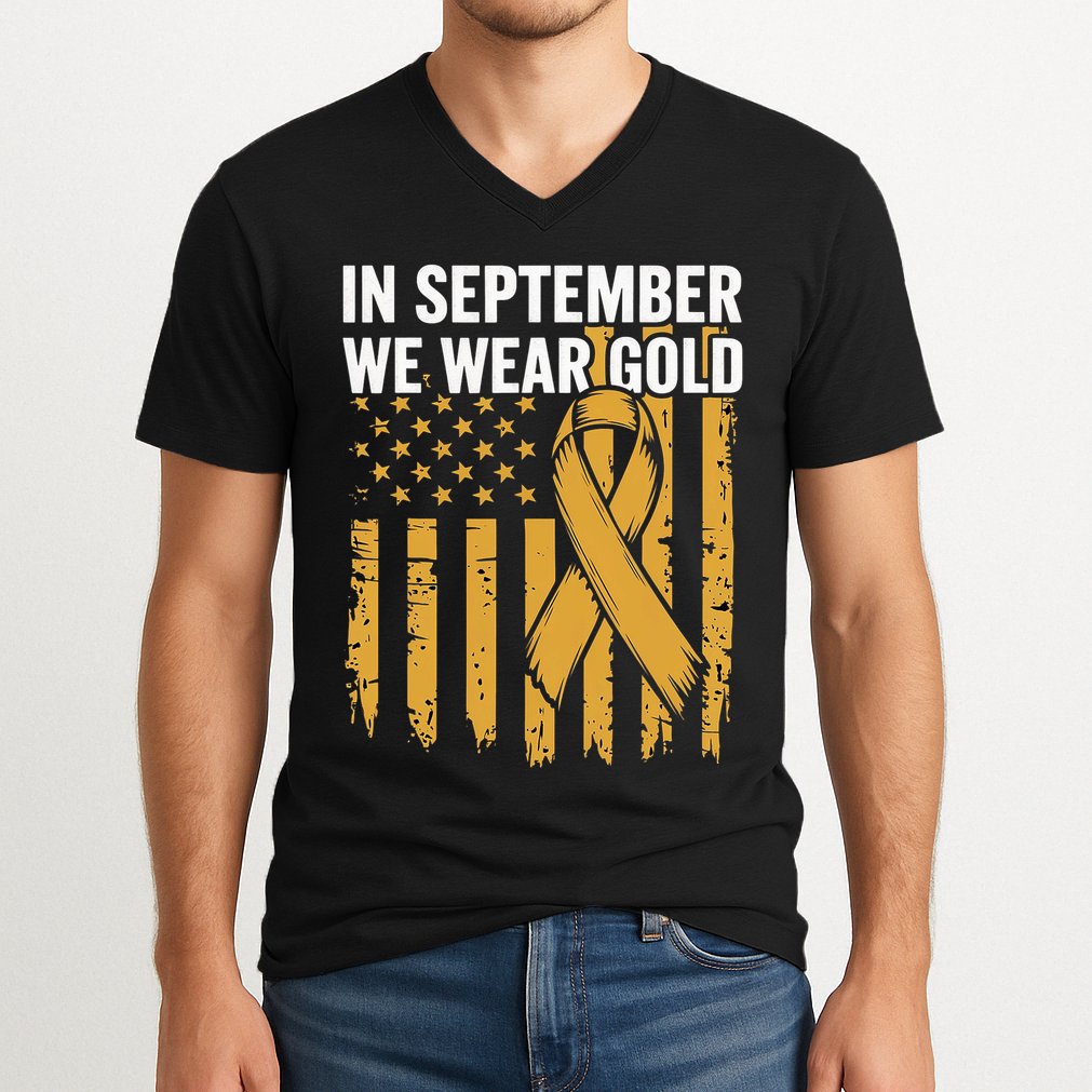 In September We Wear Gold Childhood Cancer Awareness Us Flag V-Neck T-Shirt