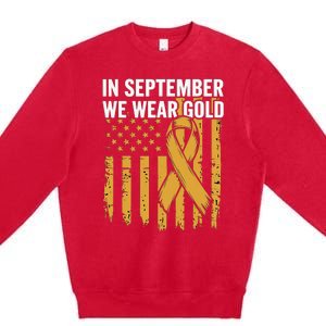 In September We Wear Gold Childhood Cancer Awareness Us Flag Premium Crewneck Sweatshirt