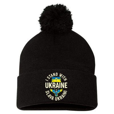 I Stand With Ukraine Slava Ukraini Pom Pom 12in Knit Beanie