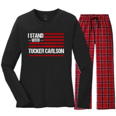 I Stand With Tucker Carlson Vintage American Flag Women's Long Sleeve Flannel Pajama Set 