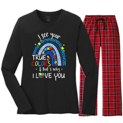 I See Your True Colors Support Rainbow Autism Awareness Women's Long Sleeve Flannel Pajama Set 