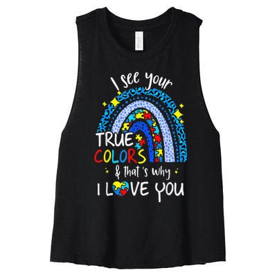 I See Your True Colors Support Rainbow Autism Awareness Women's Racerback Cropped Tank