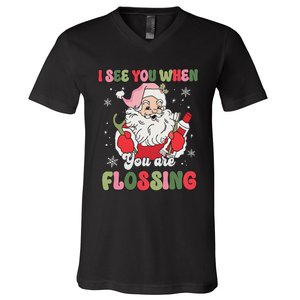 I See You When Flossing Christmas Dentist Xmas Flossing V-Neck T-Shirt