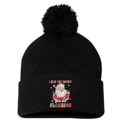 I See You When Flossing Christmas Dentist Xmas Flossing Pom Pom 12in Knit Beanie