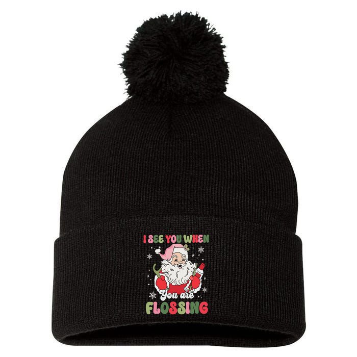 I See You When Flossing Christmas Dentist Xmas Flossing Pom Pom 12in Knit Beanie