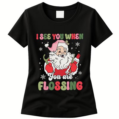 I See You When Flossing Christmas Dentist Xmas Flossing Womens T-Shirt