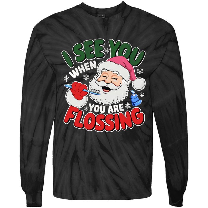 I See You When Flossing Christmas Dentist Xmas Flossing Tie-Dye Long Sleeve Shirt