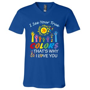 I See Your True Colors Hands Autism Awareness Gift Puzzle Gift V-Neck T-Shirt