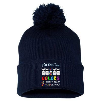 I See Your True Colors Llama Autism Awareness Pom Pom 12in Knit Beanie