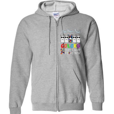 I See Your True Colors Llama Autism Awareness Full Zip Hoodie