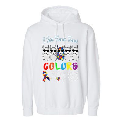 I See Your True Colors Llama Autism Awareness Garment-Dyed Fleece Hoodie