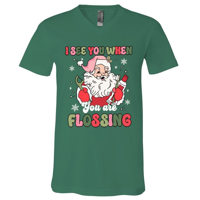 I See You When Flossing Christmas Dentist Xmas Flossing V-Neck T-Shirt