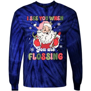 I See You When Flossing Christmas Dentist Xmas Flossing Tie-Dye Long Sleeve Shirt