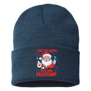 I See You When Your Flossing Christmas Dentist Xmas Flossing Sustainable Knit Beanie