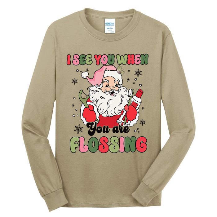 I See You When Flossing Christmas Dentist Xmas Flossing Tall Long Sleeve T-Shirt