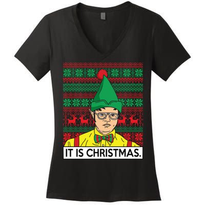 It Is Christmas Ugly Christmas Sweater Funny Women's V-Neck T-Shirt