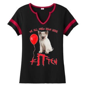 IT Kitten We All Meow Down Here Funny Halloween Ladies Halftime Notch Neck Tee