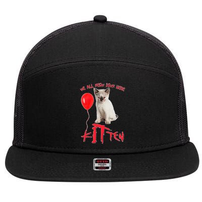 IT Kitten We All Meow Down Here Funny Halloween 7 Panel Mesh Trucker Snapback Hat