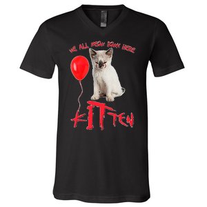 IT Kitten We All Meow Down Here Funny Halloween V-Neck T-Shirt