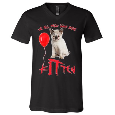 IT Kitten We All Meow Down Here Funny Halloween V-Neck T-Shirt