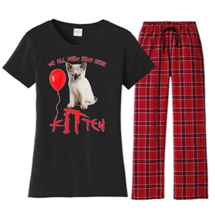 IT Kitten We All Meow Down Here Funny Halloween Women's Flannel Pajama Set