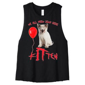 IT Kitten We All Meow Down Here Funny Halloween Women's Racerback Cropped Tank