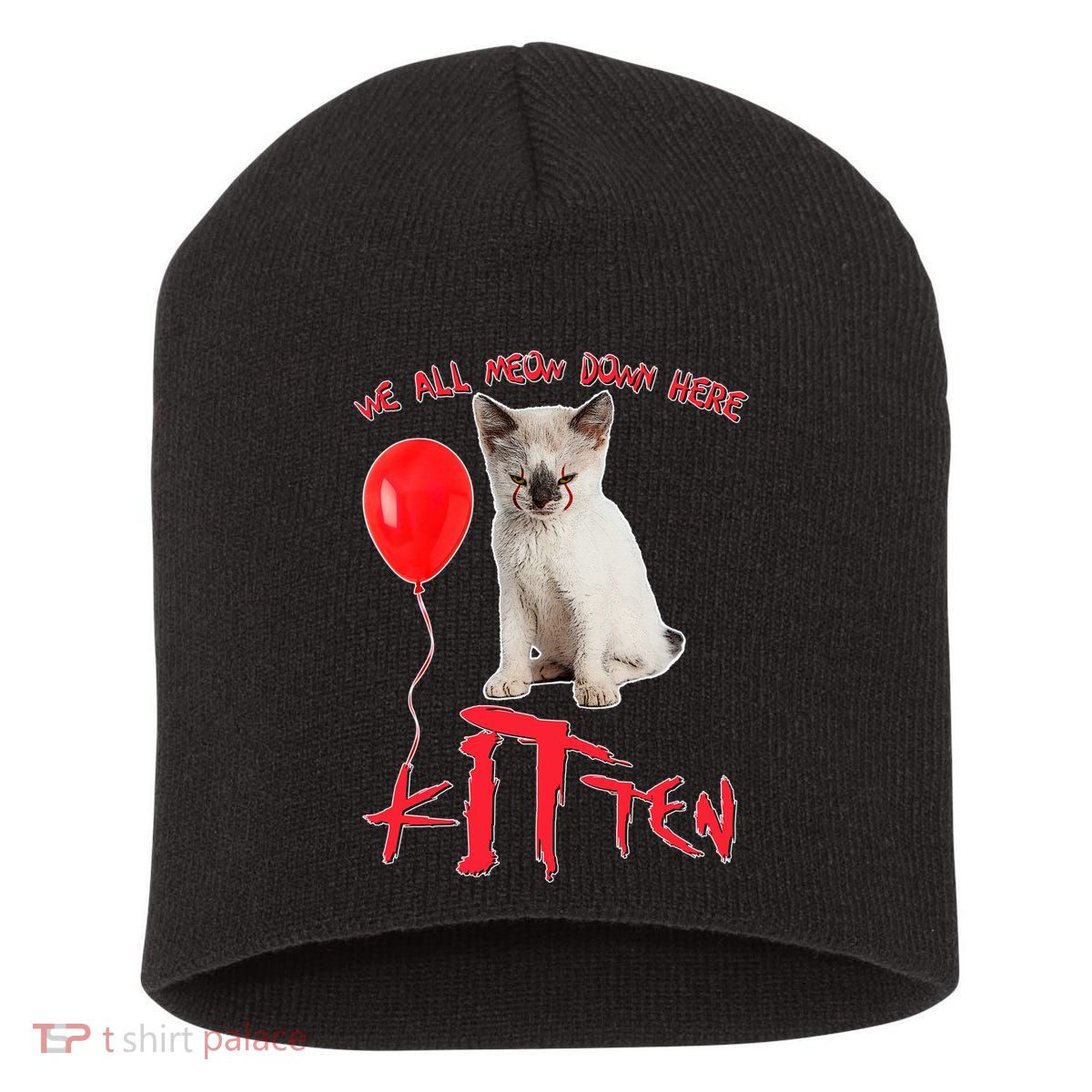IT Kitten We All Meow Down Here Funny Halloween Short Acrylic Beanie