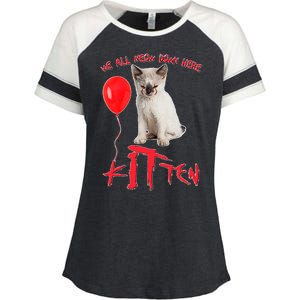 IT Kitten We All Meow Down Here Funny Halloween Enza Ladies Jersey Colorblock Tee