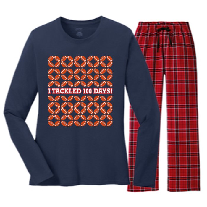 I Tackled 100 Days Of School Football Women's Long Sleeve Flannel Pajama Set 