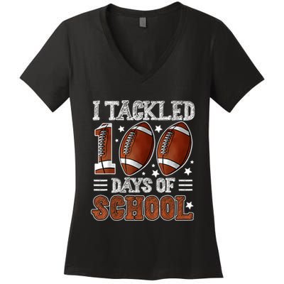 I Tackled 100 Days School Football 100th Day Of School Boy Women's V-Neck T-Shirt