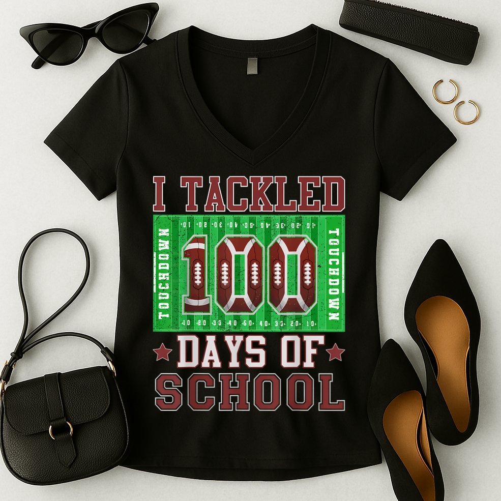 I Tackled 100 Days Of School Football 100th Day Women's V-Neck T-Shirt