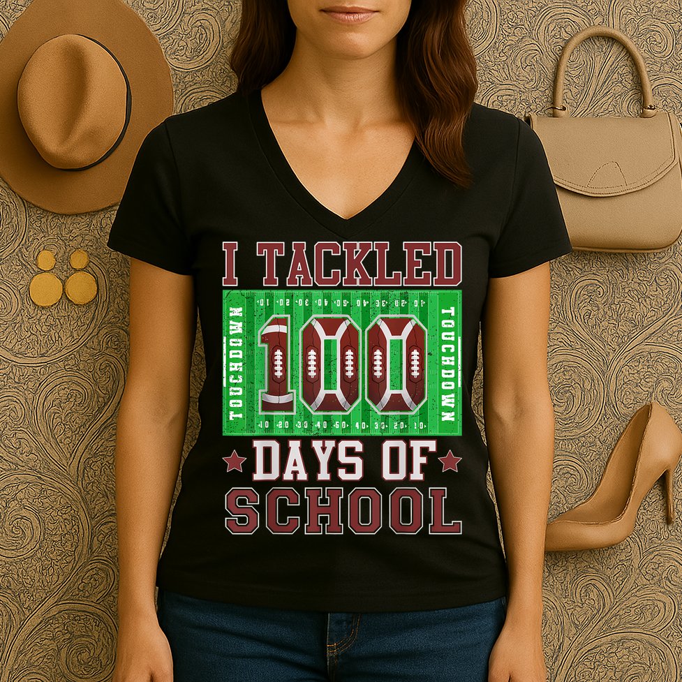I Tackled 100 Days Of School Football 100th Day Women's V-Neck T-Shirt