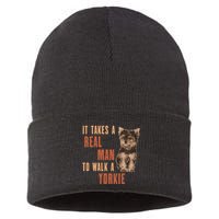 It Takes A Real Man To Walk A Yorkie Funny Dog Lover Sustainable Knit Beanie