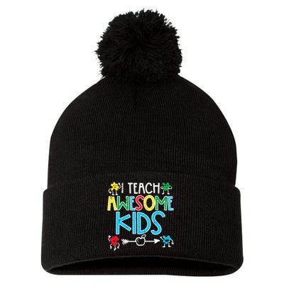 I Teach Awesome Autism Awareness Sped Teacher Me Pom Pom 12in Knit Beanie